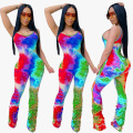 Color printed pleated suspenders jumpsuit A tight, elastic one-piece garment